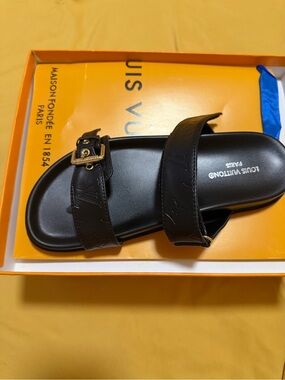 Louis Vuitton Black Leather Two-Strap Slide with Gold Buckle